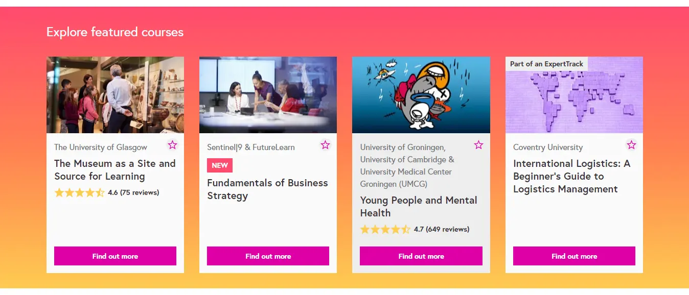 A screenshot of the featured courses on FutureLearn