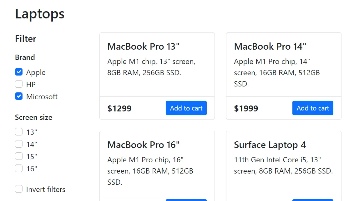 The e-commerce laptop list filtered to show only Apple and Microsoft laptops.